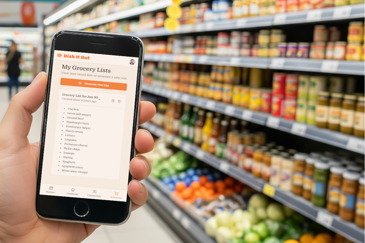 A phone displaying a smart grocery list